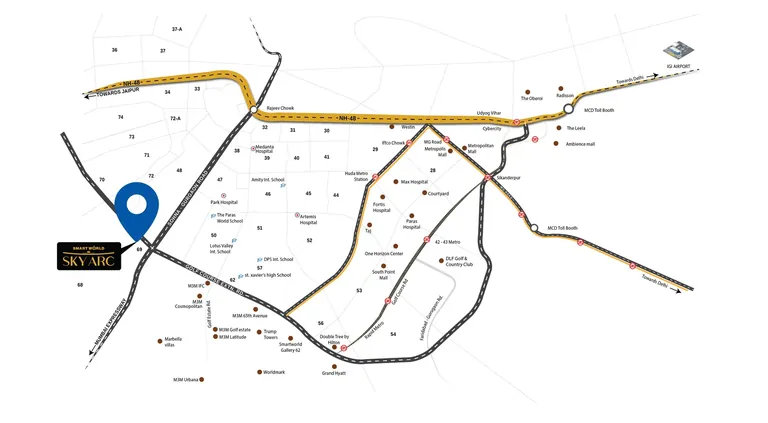 Smartworld Sky Arc location map in Sector 69 at the SPR and Golf Course Extension Road junction