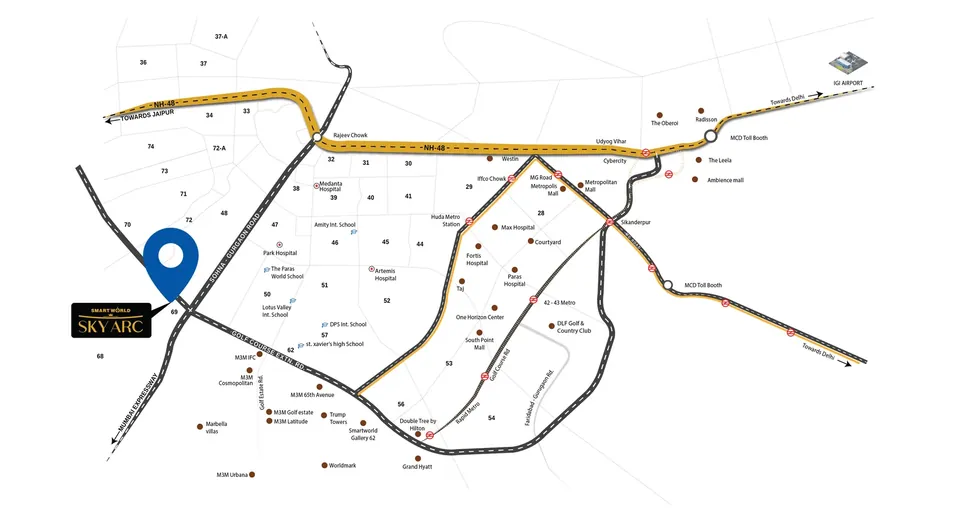 Smartworld Sky Arc location map in Sector 69 at the SPR and Golf Course Extension Road junction