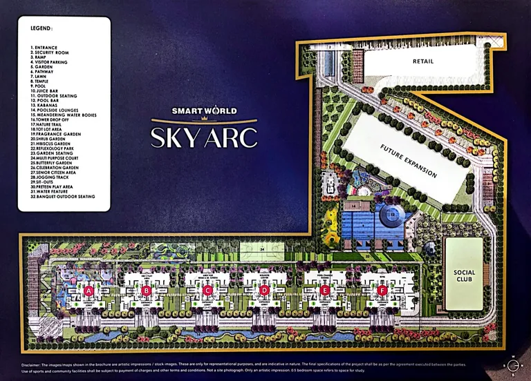Smartworld Sky Arc site plan with Towers A to F in a row, pools, gardens, social club and retail block