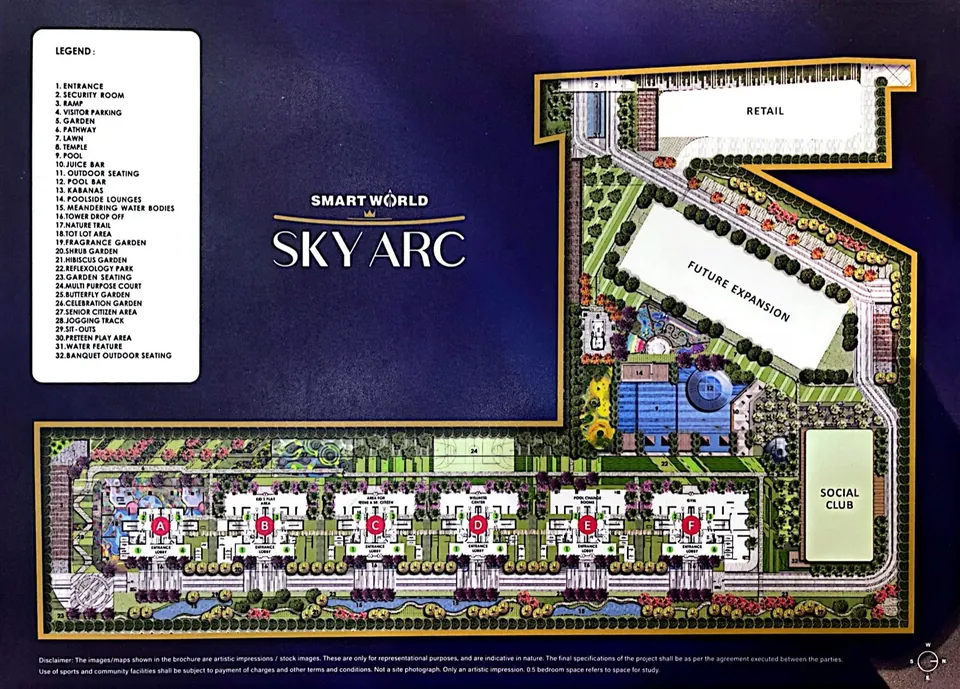 Smartworld Sky Arc site plan with Towers A to F in a row, pools, gardens, social club and retail block