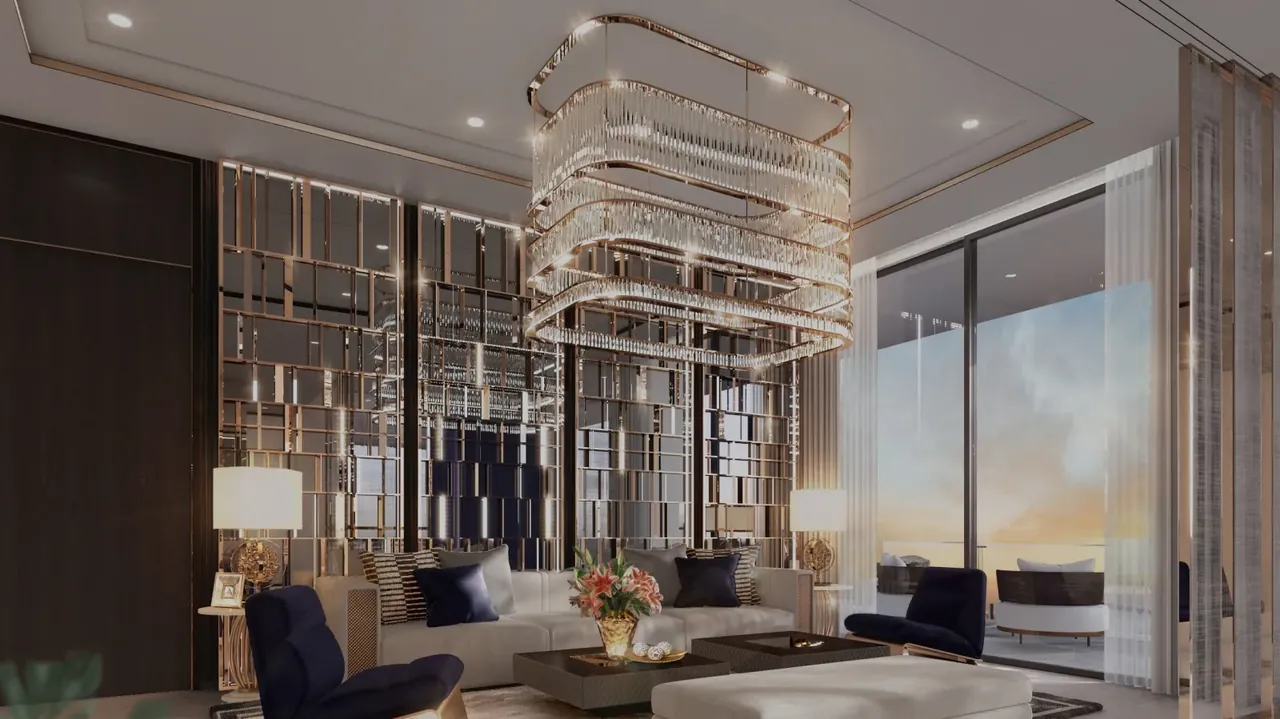 Smartworld The Edition living room with crystal chandelier and full-height glazing, artist's impression