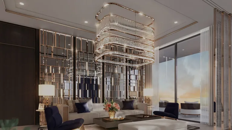 Smartworld The Edition living room with crystal chandelier and full-height glazing, artist's impression