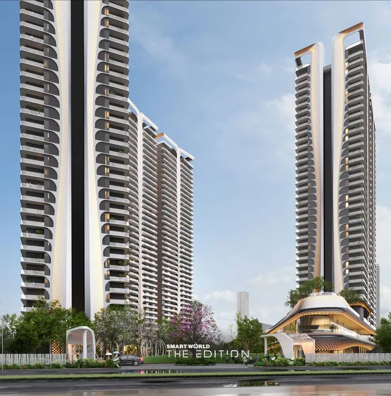Smartworld The Edition towers behind the entrance gate and signage wall, artist's impression