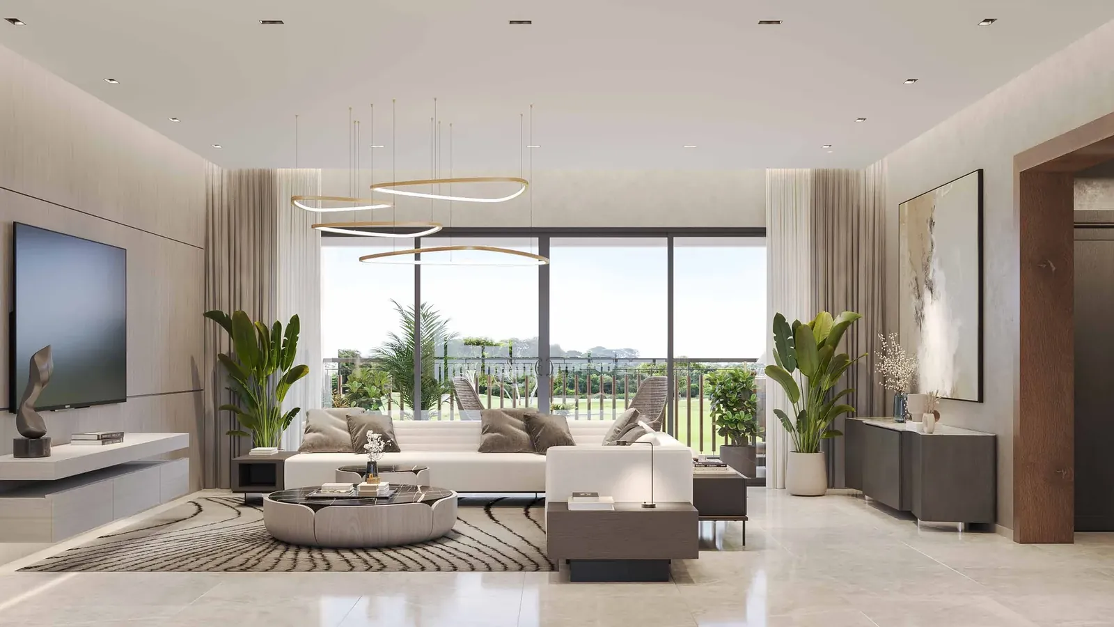 Sobha Aranya living room with golf course views