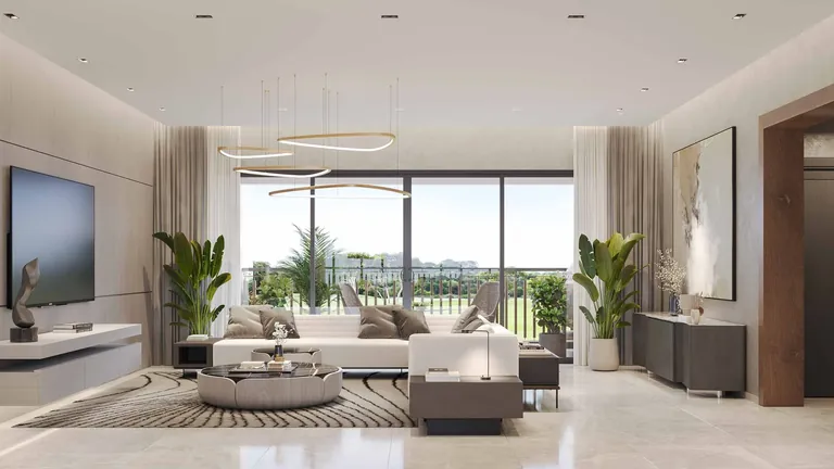 Sobha Aranya living room with golf course views