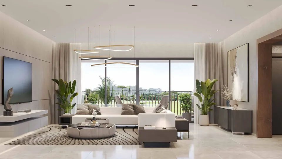 Sobha Aranya living room with golf course views