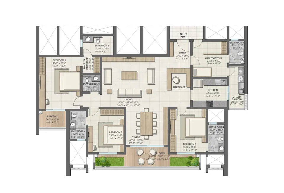 Sobha Aranya 3 BHK with utility and store, Type D1 floor plan, 2837 sq ft super area