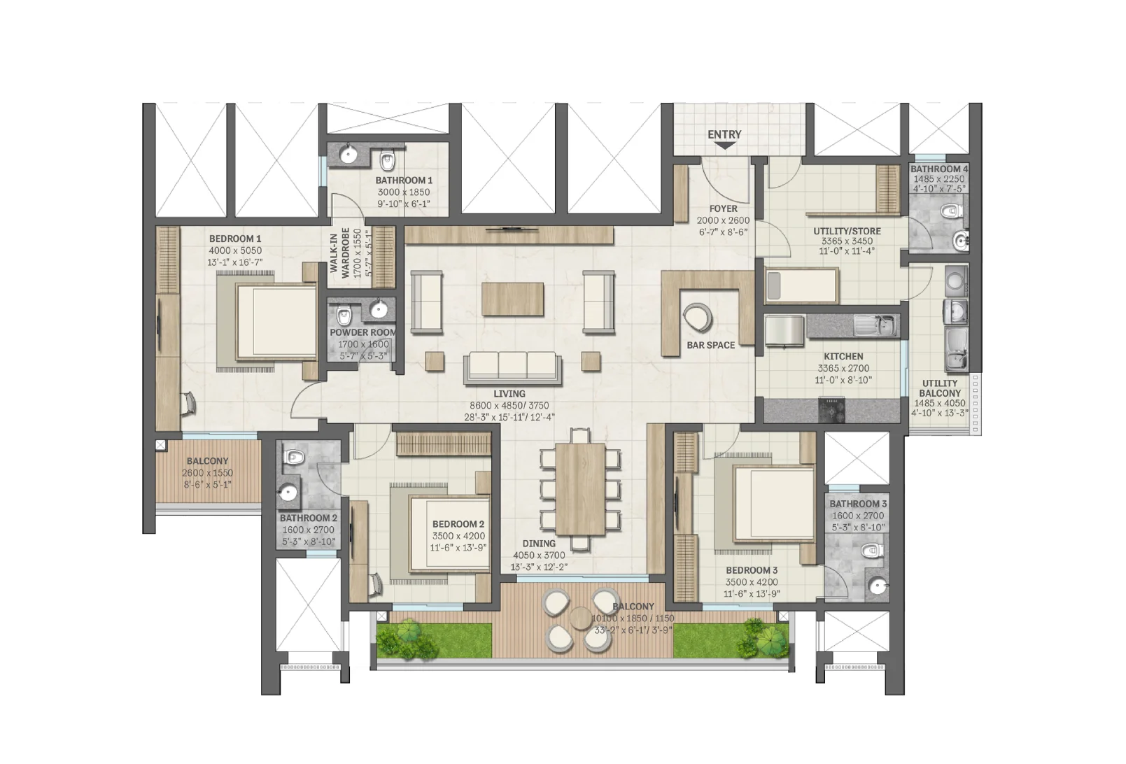 Sobha Aranya 3 BHK with utility and store, Type D1 floor plan, 2837 sq ft super area