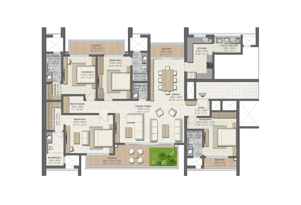 Sobha Aranya 4 BHK, Type C3 floor plan, 3393 sq ft super area