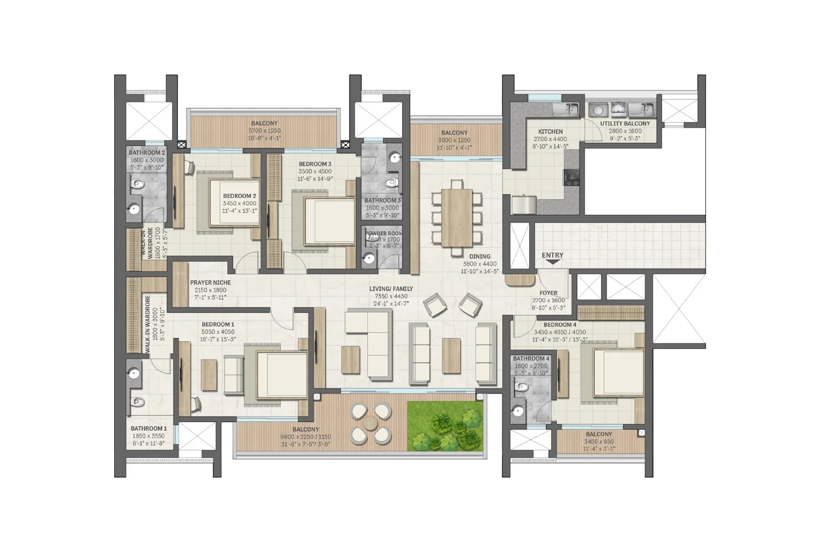 Sobha Aranya 4 BHK, Type C3 floor plan, 3393 sq ft super area