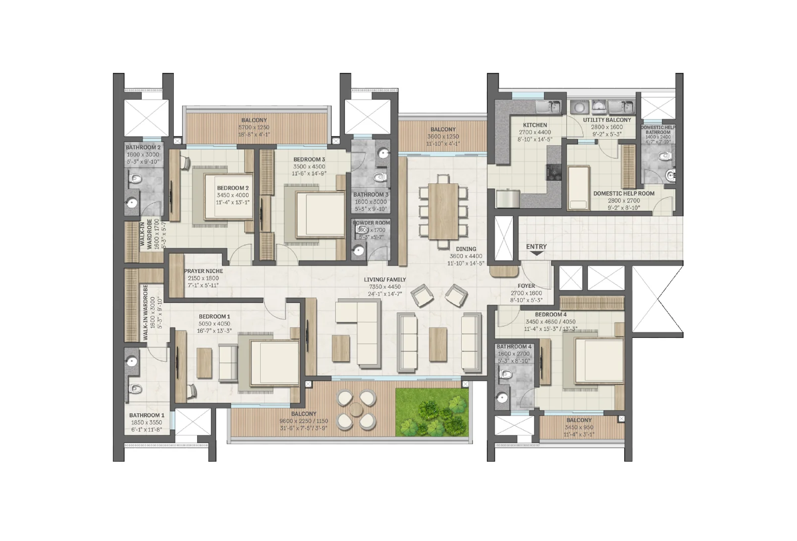 Sobha Aranya 4 BHK with domestic help room, Type C1 floor plan, 3595 sq ft super area