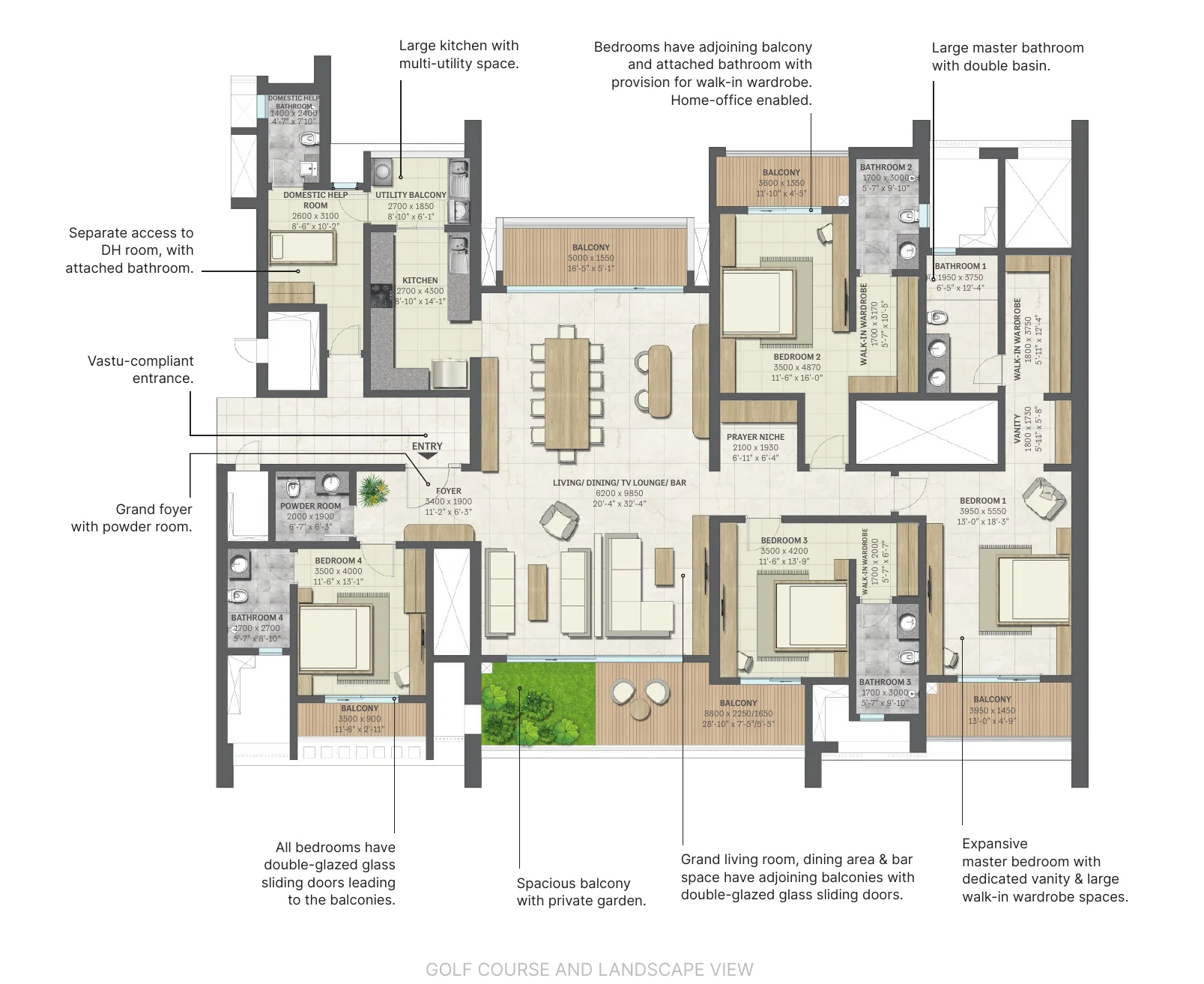 Sobha Aranya 4 BHK with domestic help room, Type A2, Towers 1 and 2 floor plan, 4241 sq ft super area