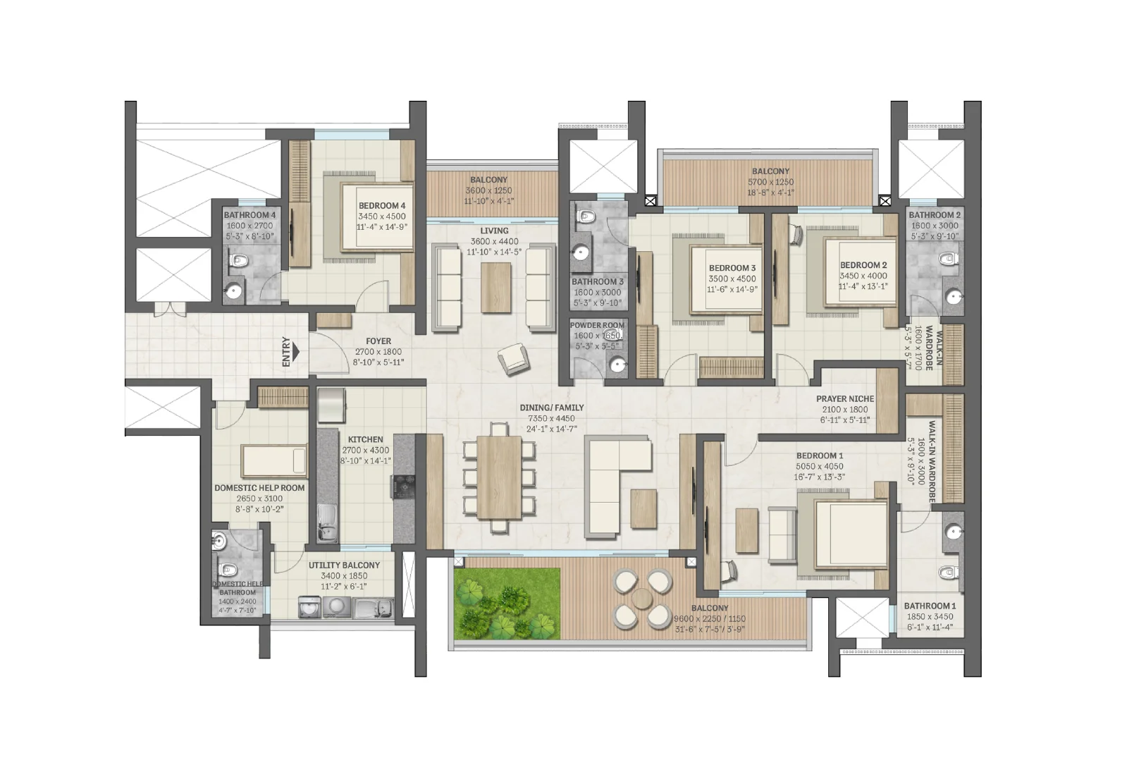 Sobha Aranya 4 BHK with domestic help room, Type C2 floor plan, 3532 sq ft super area