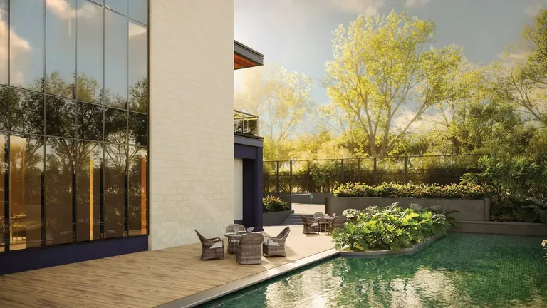Sobha Crescent alfresco deck and water body at the tower base