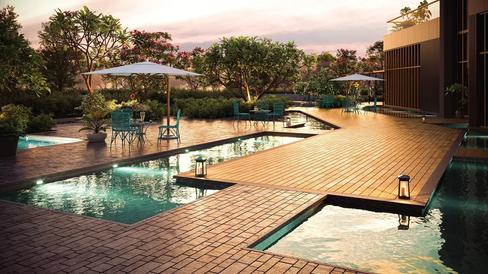 Sobha Crescent jetty deck by the pool