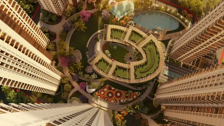 TARC Ishva central garden seen from above between the towers, artist's impression