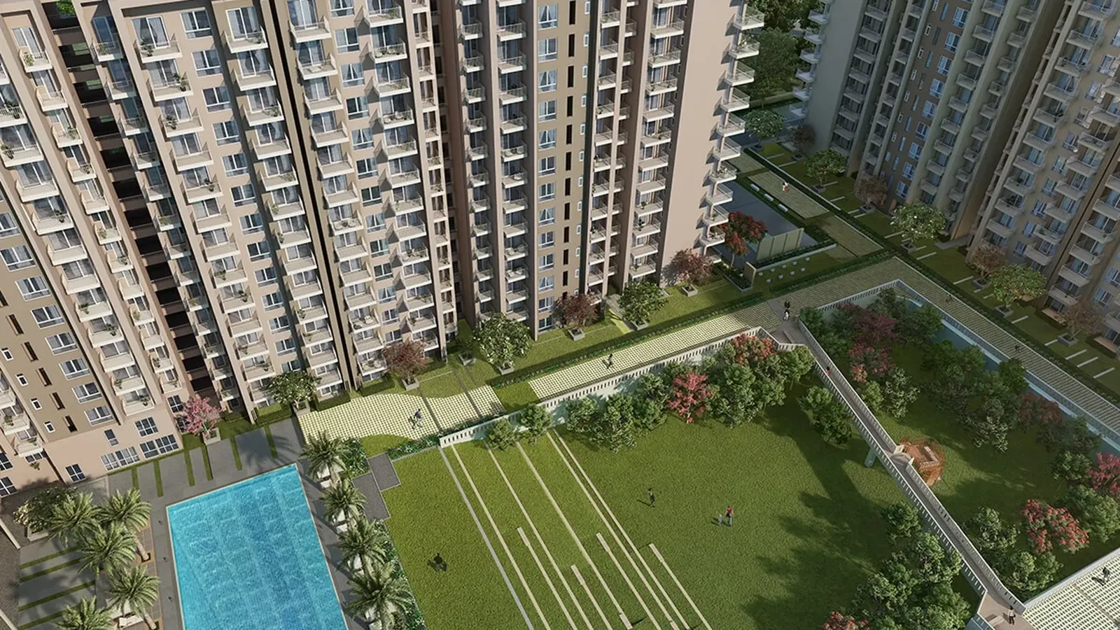 Tata La Vida central green, lawns and swimming pool from above