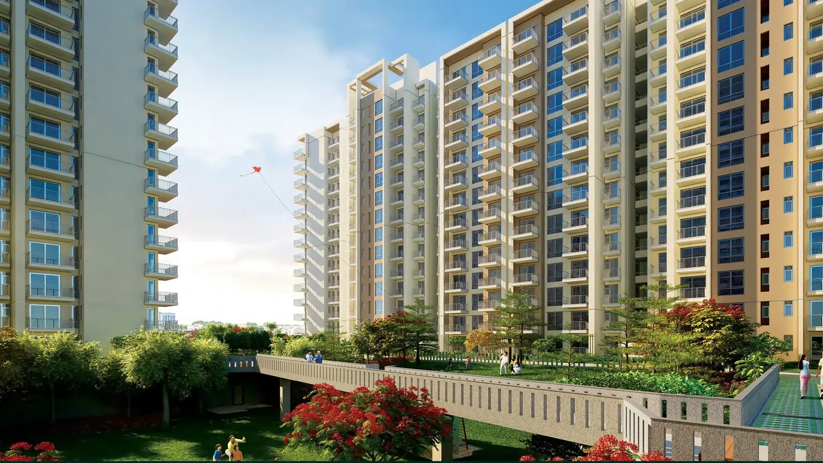 Tata La Vida towers and sky walk bridge over the central green