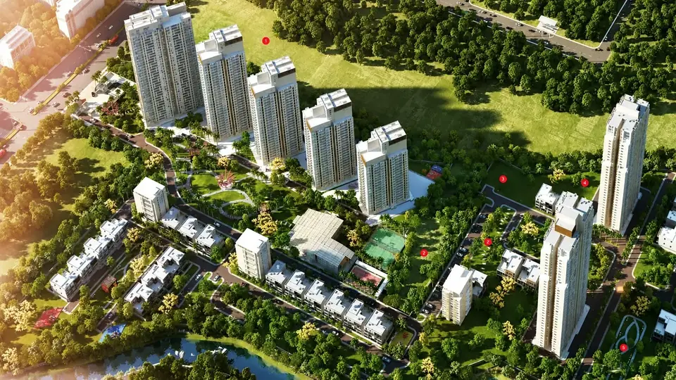 Tata Primanti aerial view of the towers, villas and central greens