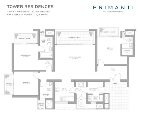Tata Primanti 3 BHK apartment floor plan, 2185 sq ft