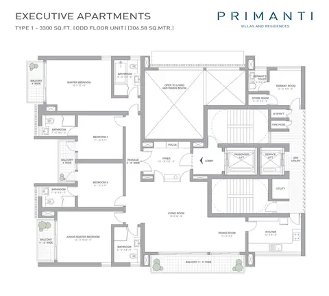 Tata Primanti 4 BHK executive apartment floor plan, 3300 sq ft