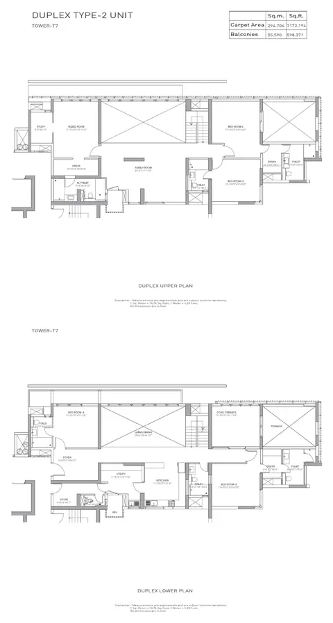 Tata Primanti 4 BHK duplex penthouse floor plan, Type-2 unit in Tower T7: upper and lower levels, 3,172 sq ft carpet with 598 sq ft balconies, 5,600 sq ft super area