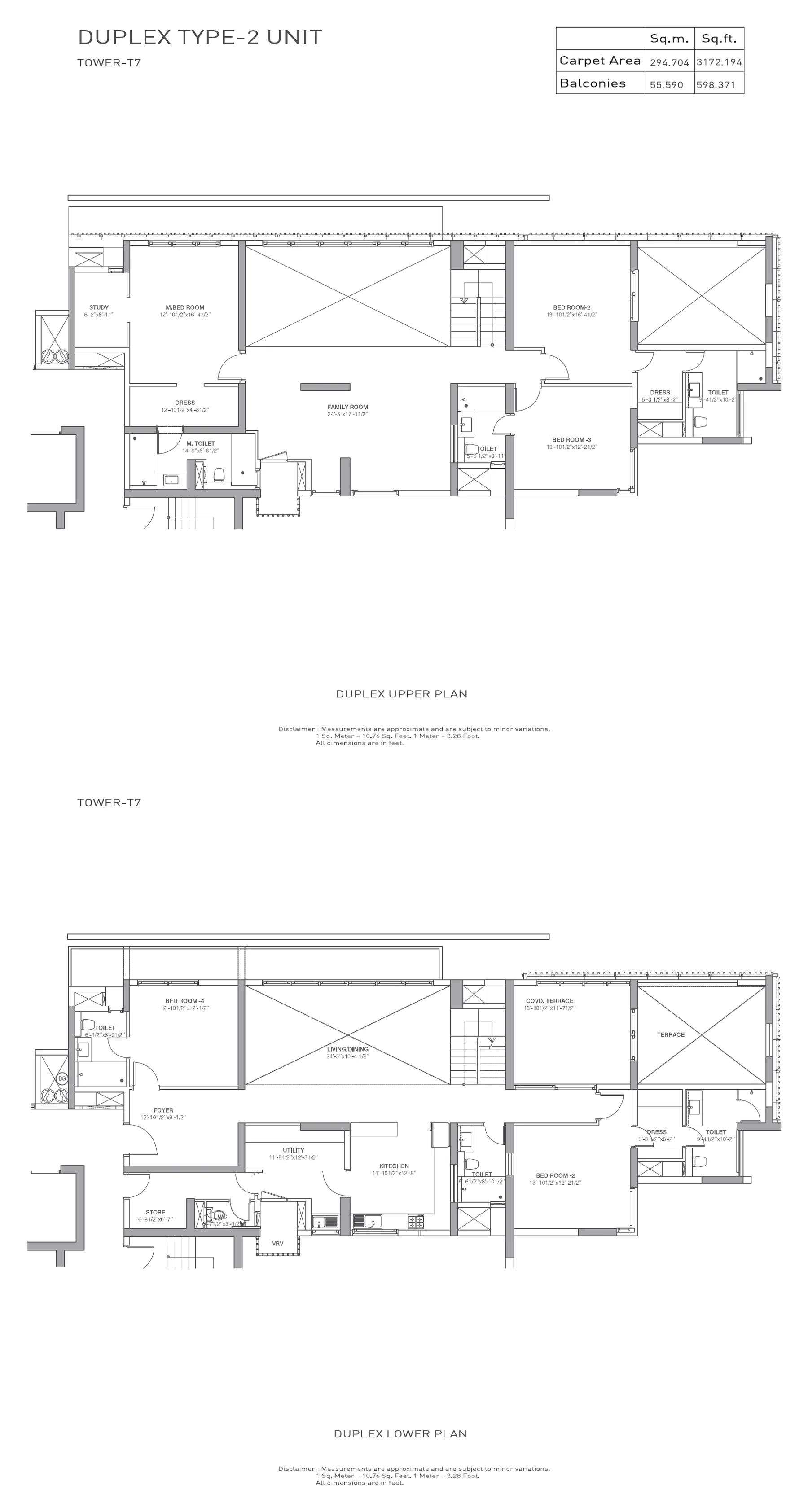 Tata Primanti 4 BHK duplex penthouse floor plan, Type-2 unit in Tower T7: upper and lower levels, 3,172 sq ft carpet with 598 sq ft balconies, 5,600 sq ft super area