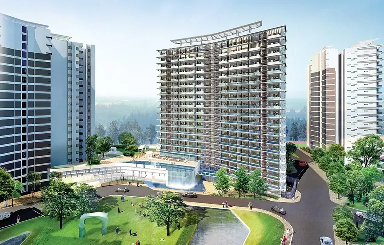 Tata Raisina Residency tower above the pool court and lawns, artist's impression