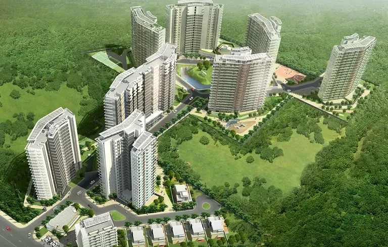 Tata Raisina Residency towers and green belt, aerial view, artist's impression