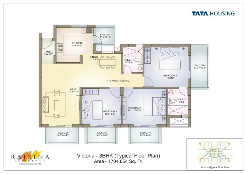 Tata Raisina Residency 3 BHK floor plan, 1,705 sq ft