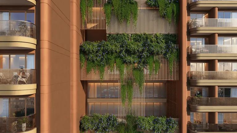 The Terraces at Estate 361 terracotta facade with timber screens and planted balconies, artist's impression