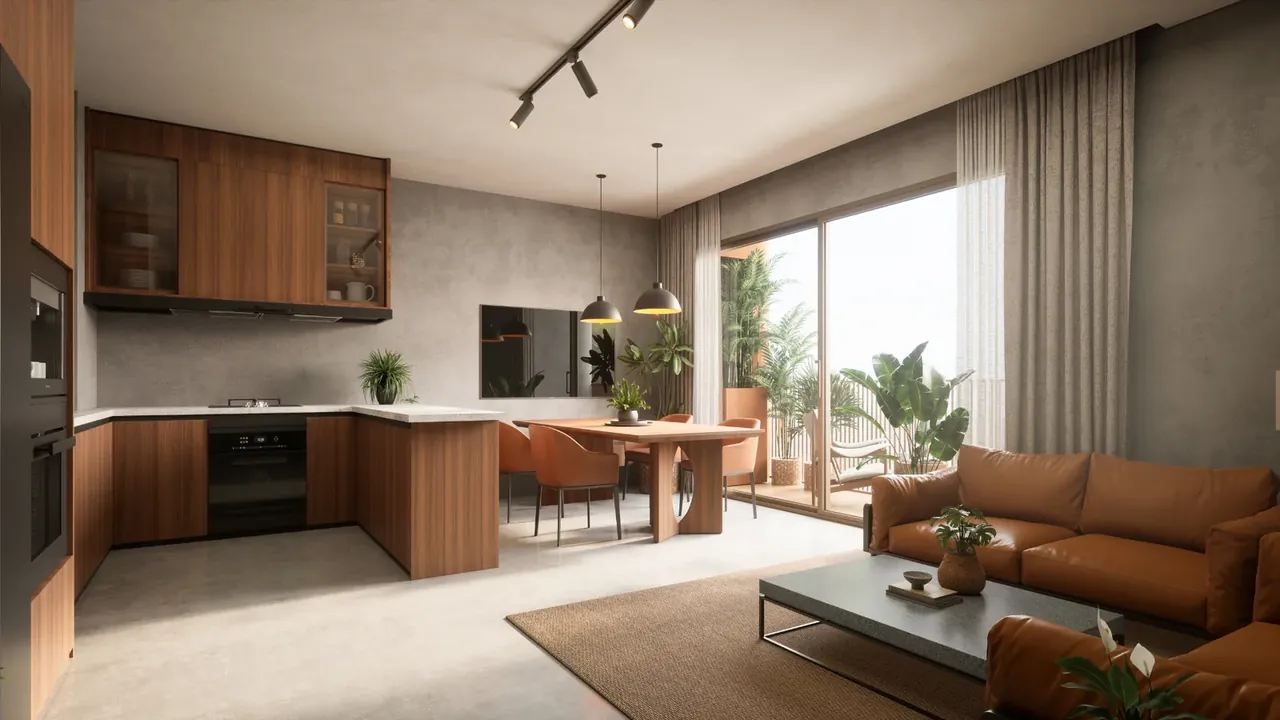 The Terraces at Estate 361 open kitchen and living room of a loft residence, artist's impression