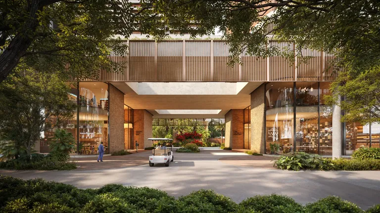 The Terraces at Estate 361 covered drop-off court with planting and a golf cart, artist's impression