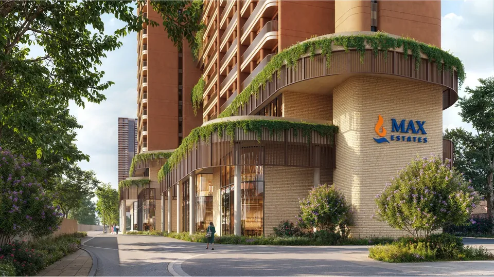 The Terraces at Estate 361 tower base with planted curved balconies and the Max Estates sign, artist's impression