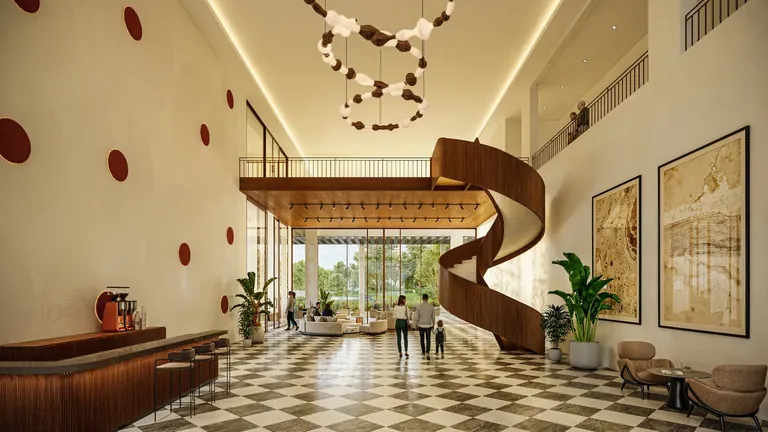 The Terraces at Estate 361 entrance lobby with a timber spiral staircase and chequered floor, artist's impression