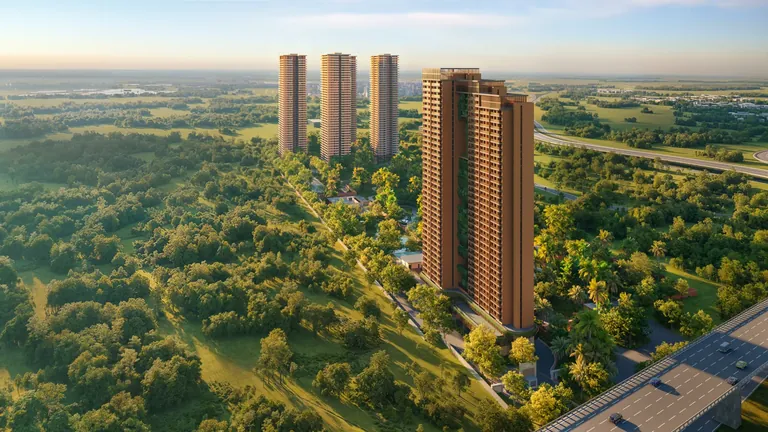 The Terraces at Estate 361 aerial view of the tower beside the Estate 361 towers and forest, artist's impression