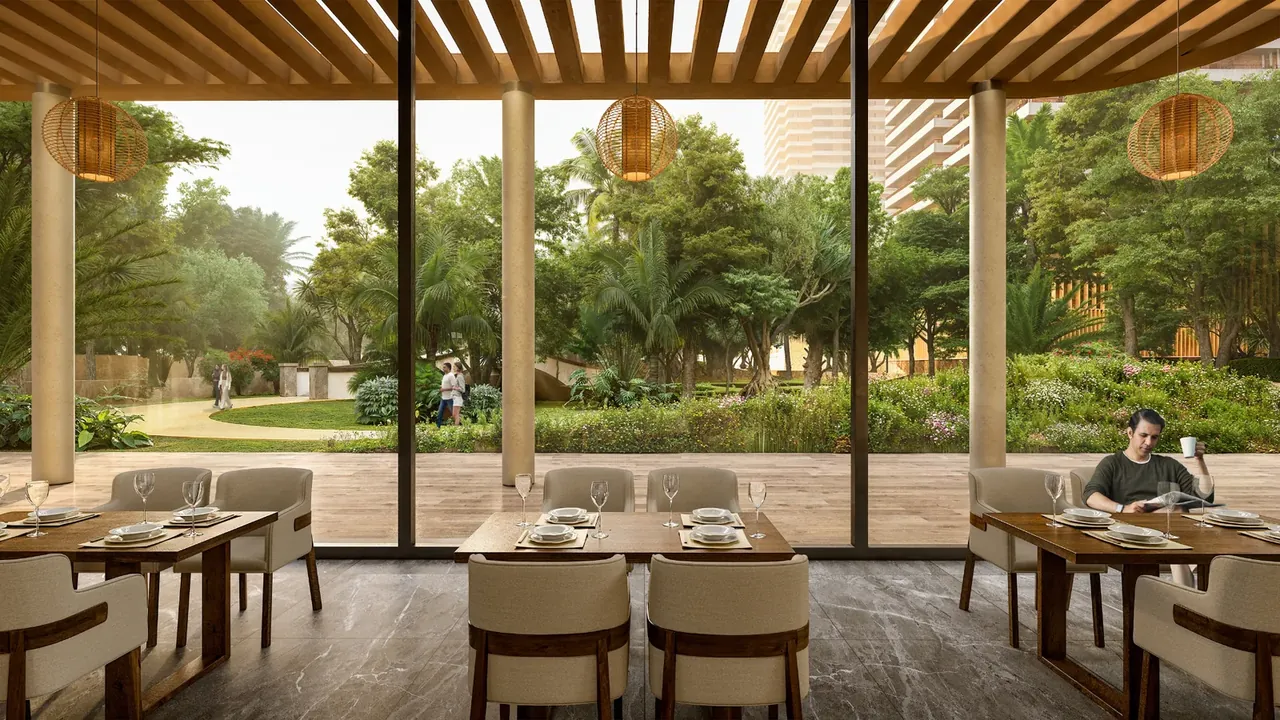 The Terraces at Estate 361 pergola-covered restaurant looking onto the gardens, artist's impression