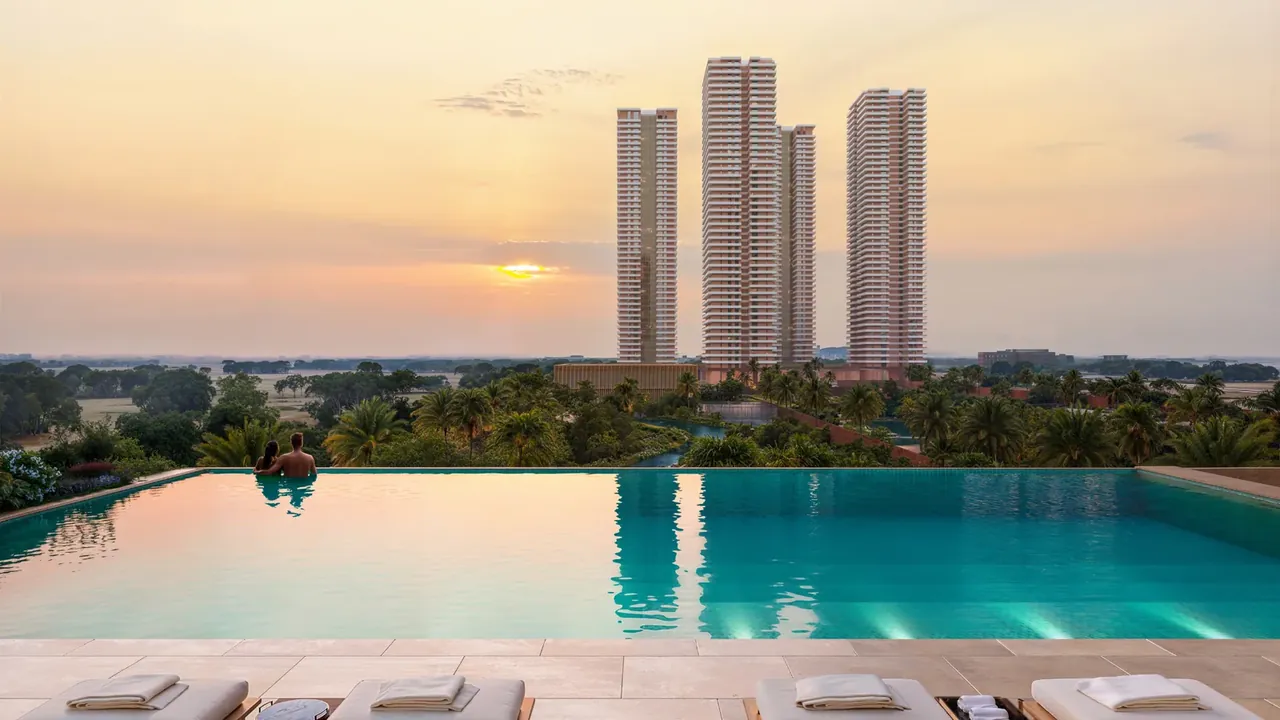 The Terraces at Estate 361 rooftop infinity pool at sunset with the towers behind, artist's impression