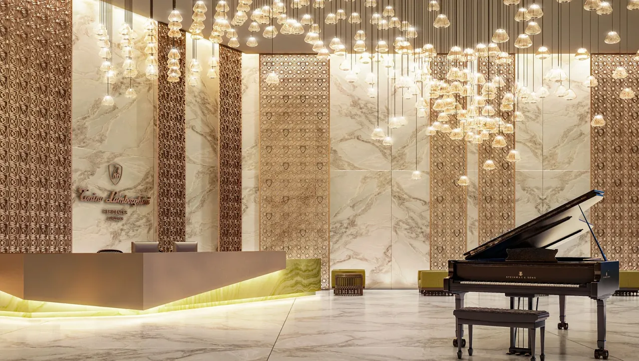 Tonino Lamborghini Residences grand reception lobby with piano, artist's impression