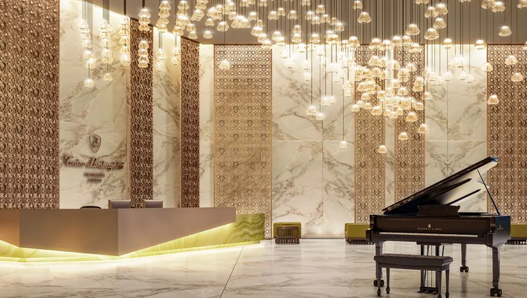 Tonino Lamborghini Residences grand reception lobby with piano, artist's impression