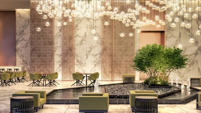 Tonino Lamborghini Residences club lobby with cascading water feature and seating, artist's impression
