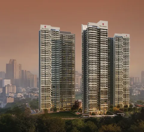 Tonino Lamborghini Residences towers against the Gurugram skyline at dusk, artist's impression