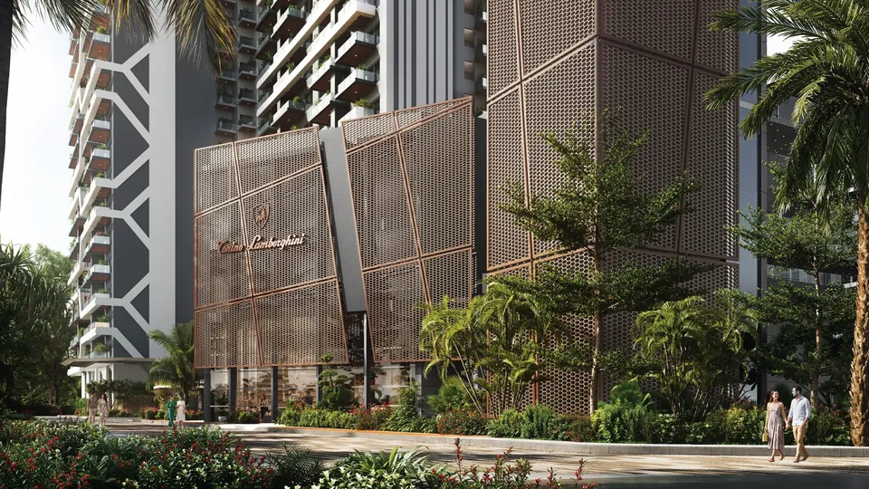 Tonino Lamborghini Residences tower podium with bronze screen facade and landscaping, artist's impression