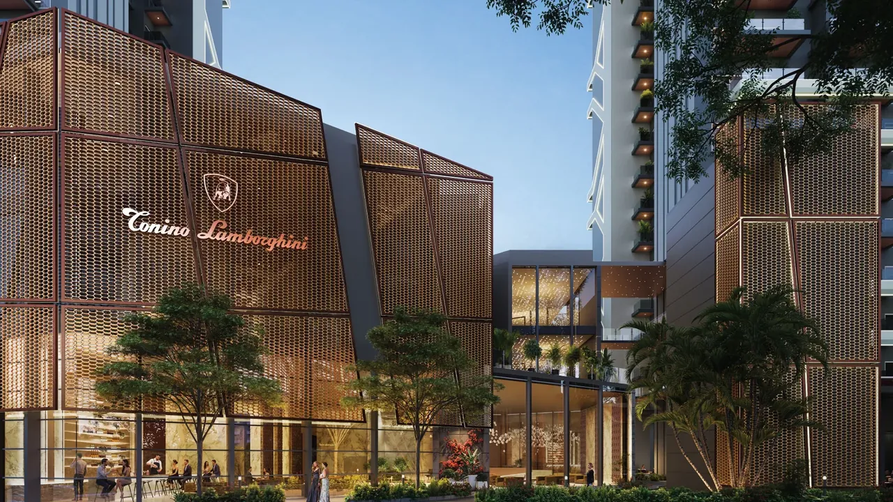 Tonino Lamborghini Residences clubhouse entrance with Tonino Lamborghini branding, artist's impression