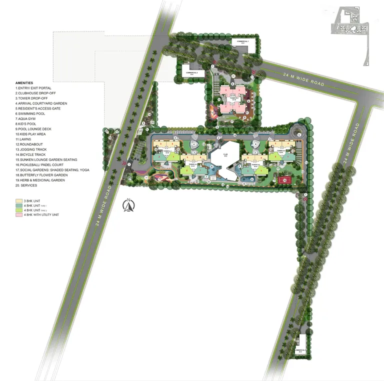 Tonino Lamborghini Residences site plan with Towers A-1 to A-4, B-5, club and 24 m roads