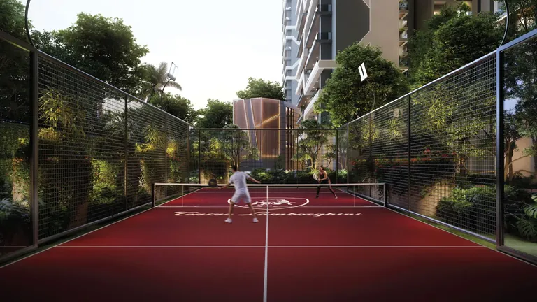 Tonino Lamborghini Residences red tennis court in the landscaped grounds, artist's impression