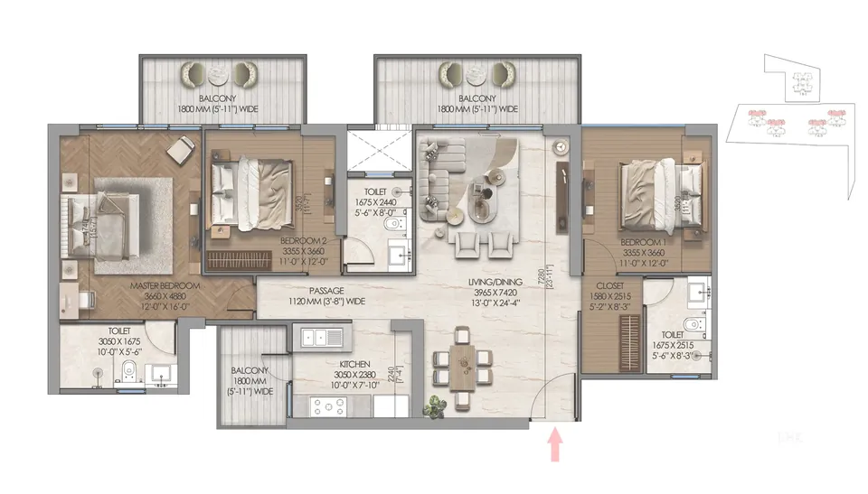 Tonino Lamborghini Residences 3 BHK floor plan