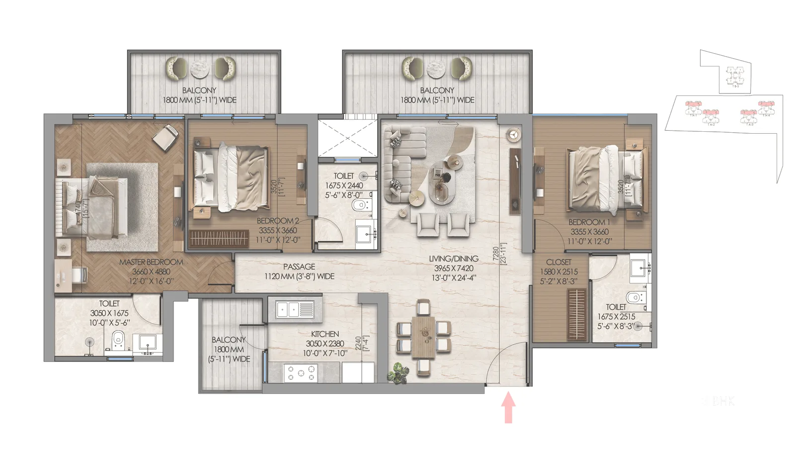 Tonino Lamborghini Residences 3 BHK floor plan
