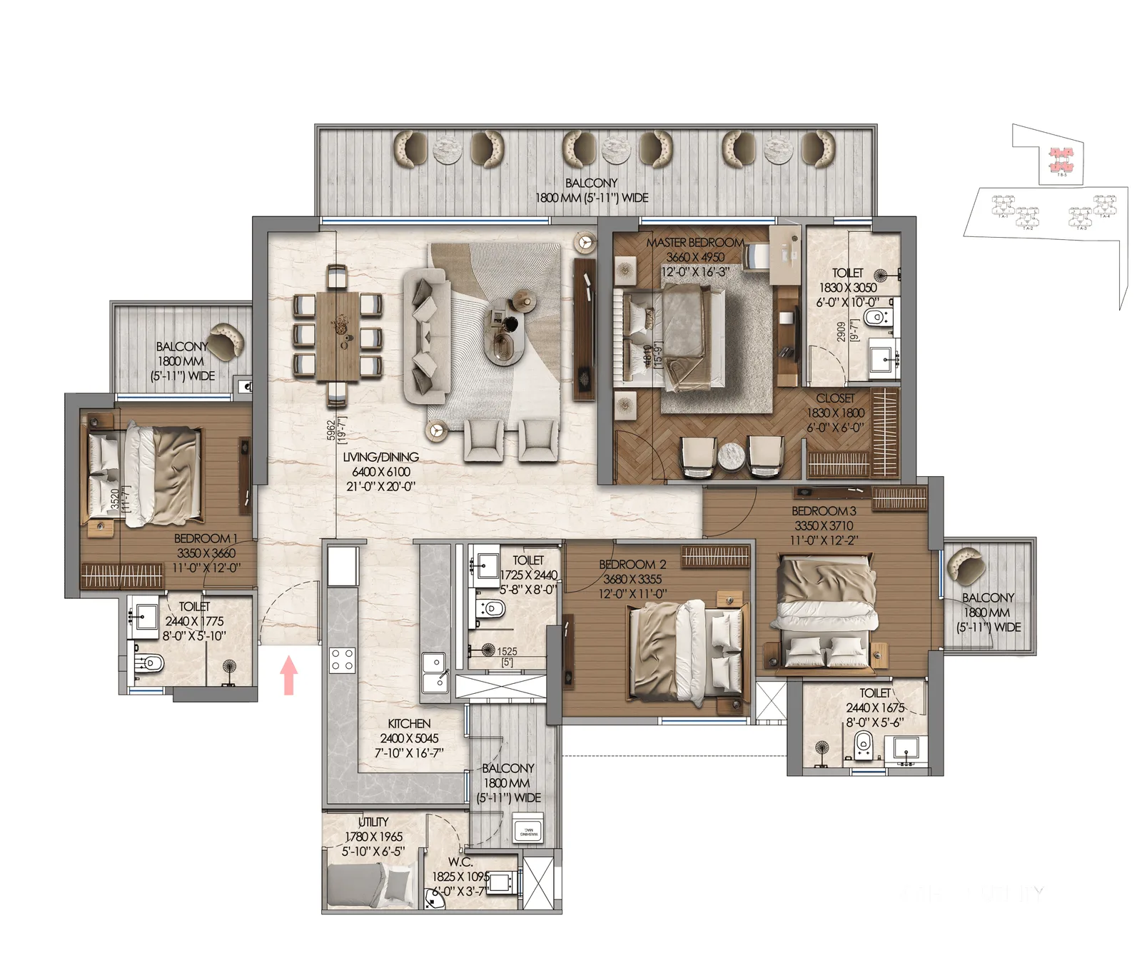 Tonino Lamborghini Residences 4 BHK + Utility floor plan