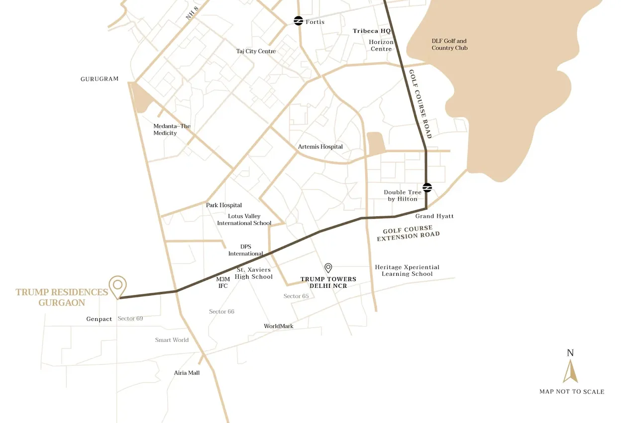 Trump Tower 2 location map in Sector 69 near Genpact on SPR, route to Golf Course Road